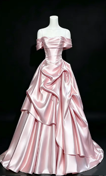 Cute Off-shoulder Sweet 16 Dress Pink Prom Dress A-Line Satin Long Evening Dress DP07956