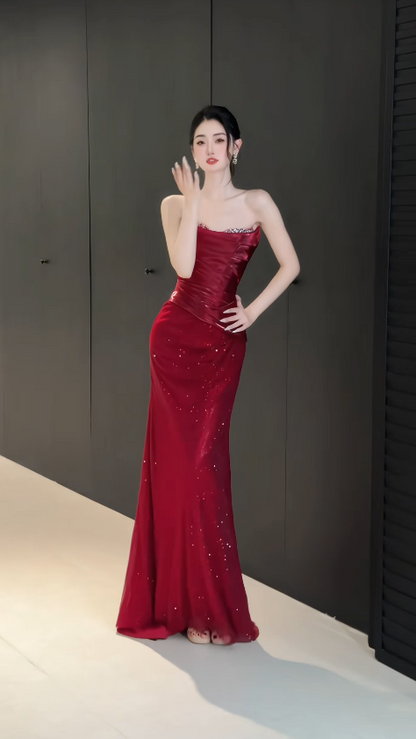 Glam Strapless Red Prom Dress Sheath Chiffon Glitter Long Evening Dress DP07957