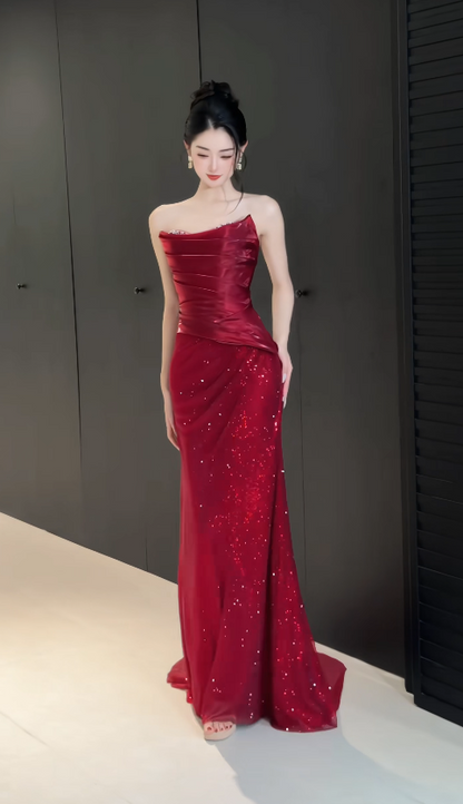 Glam Strapless Red Prom Dress Sheath Chiffon Glitter Long Evening Dress DP07957