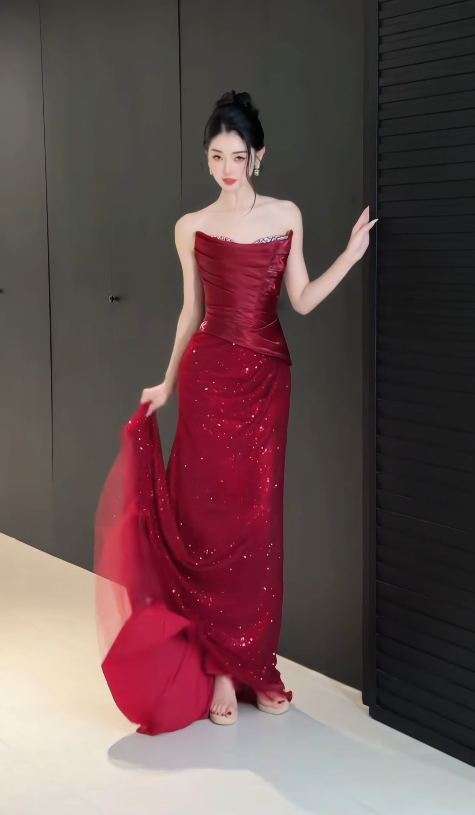 Glam Strapless Red Prom Dress Sheath Chiffon Glitter Long Evening Dress DP07957