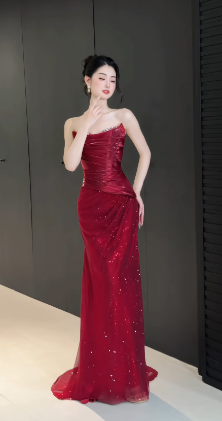 Glam Strapless Red Prom Dress Sheath Chiffon Glitter Long Evening Dress DP07957