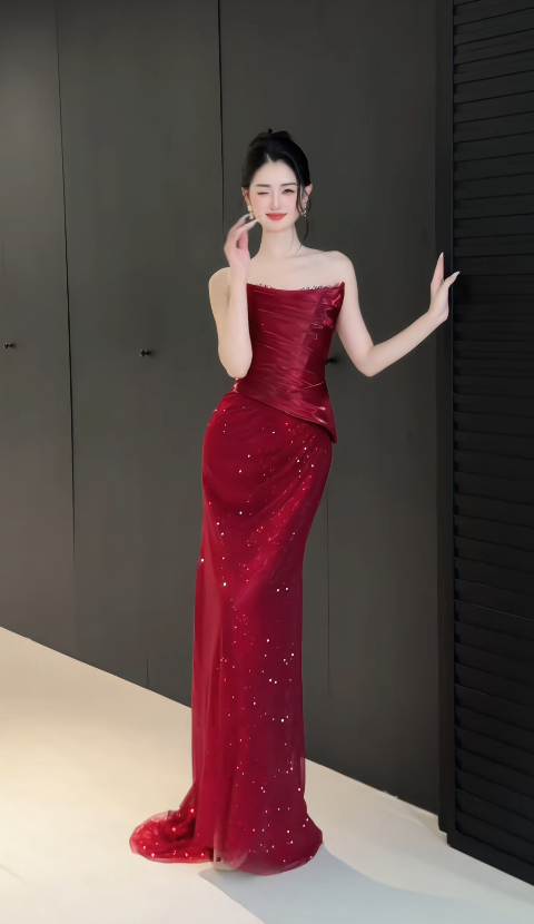 Glam Strapless Red Prom Dress Sheath Chiffon Glitter Long Evening Dress DP07957