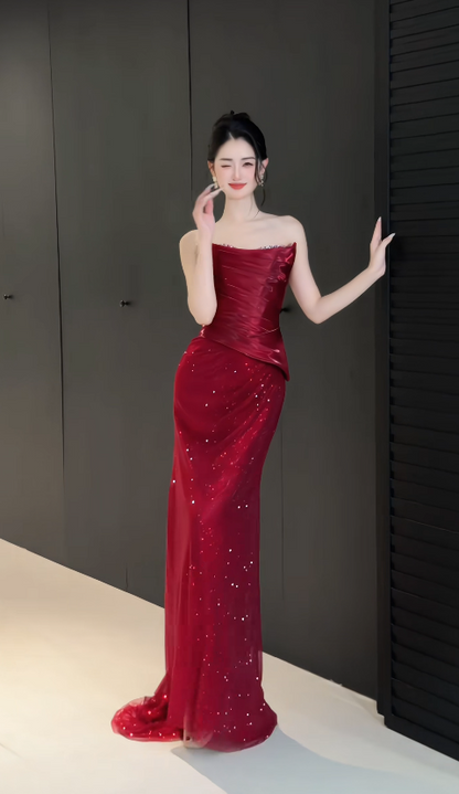 Glam Strapless Red Prom Dress Sheath Chiffon Glitter Long Evening Dress DP07957