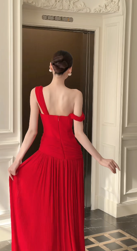 Glam Red Prom Dress Sheath Chiffon Long Evening Dress DP07958