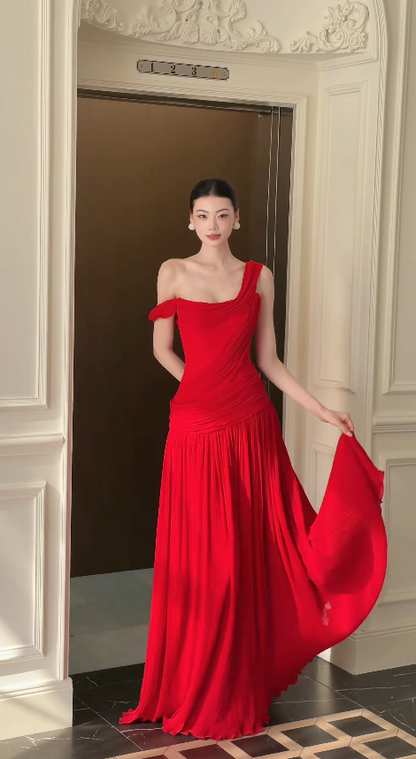 Glam Red Prom Dress Sheath Chiffon Long Evening Dress DP07958