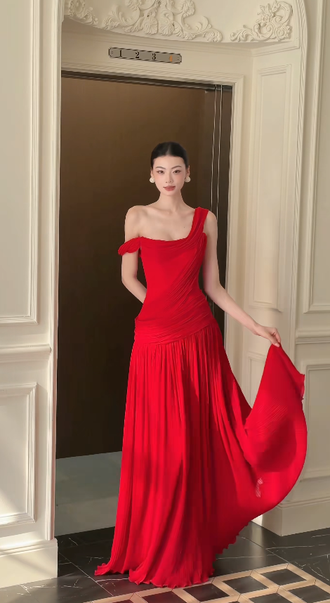 Glam Red Prom Dress Sheath Chiffon Long Evening Dress DP07958
