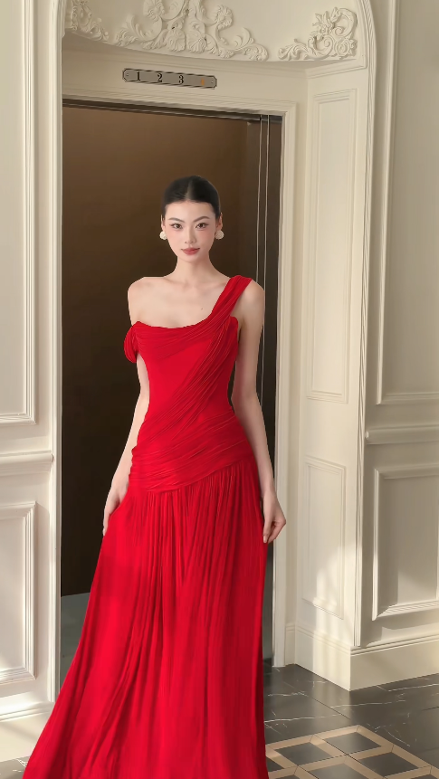 Glam Red Prom Dress Sheath Chiffon Long Evening Dress DP07958