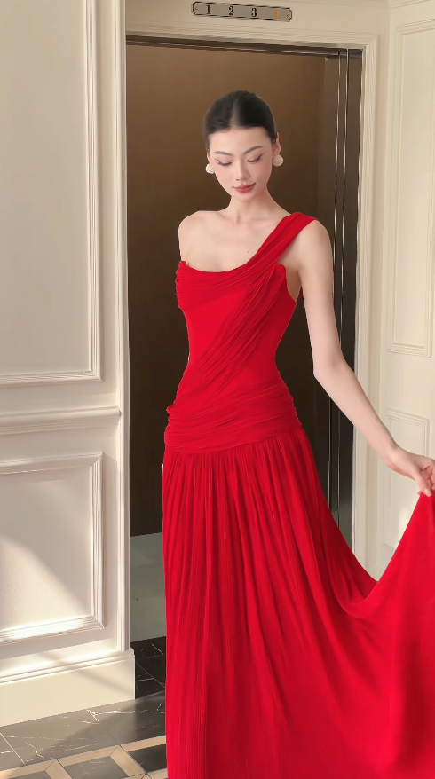 Glam Red Prom Dress Sheath Chiffon Long Evening Dress DP07958