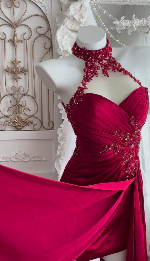 Glam Red Prom Dress Sheath Satin Long Evening Dress DP07959
