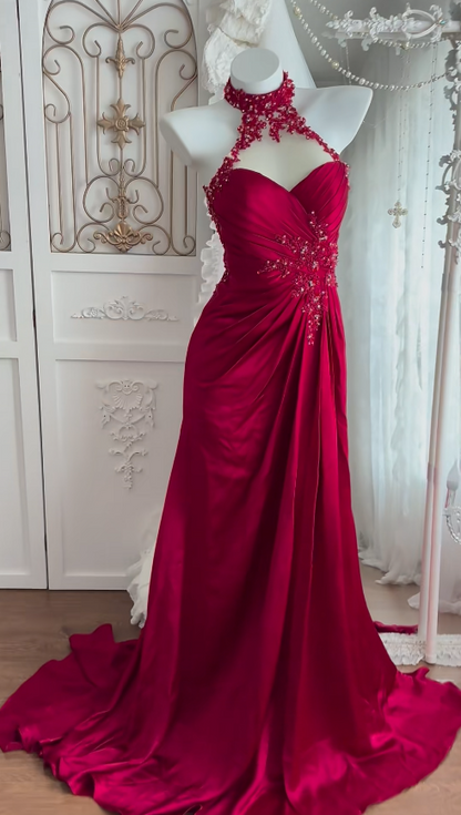 Glamouröses rotes Abschlussballkleid Etuikleid Satin langes Abendkleid DP07959
