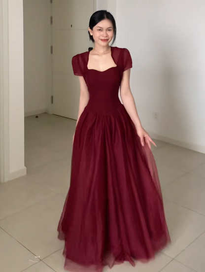 Glamouröses Abendkleid in Burgunderrot, A-Linie, Tüll, langes Ballkleid DP07960
