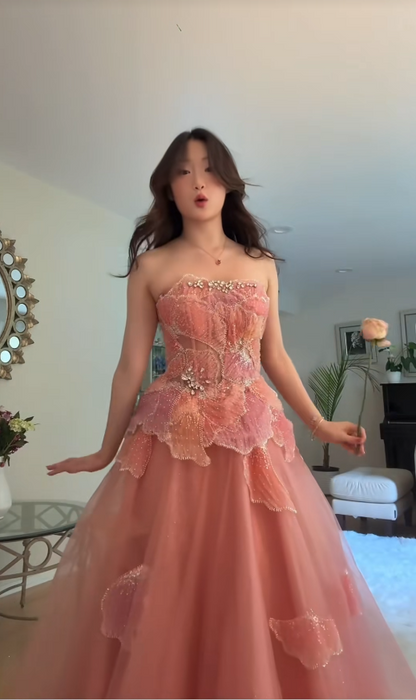 Glam Sequins Sweet 16 Dress Strapless Peach Prom Dress A-Line Tulle Long Evening Dress DP07962