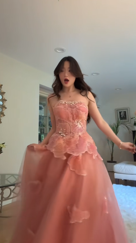 Glam Sequins Sweet 16 Dress Strapless Peach Prom Dress A-Line Tulle Long Evening Dress DP07962