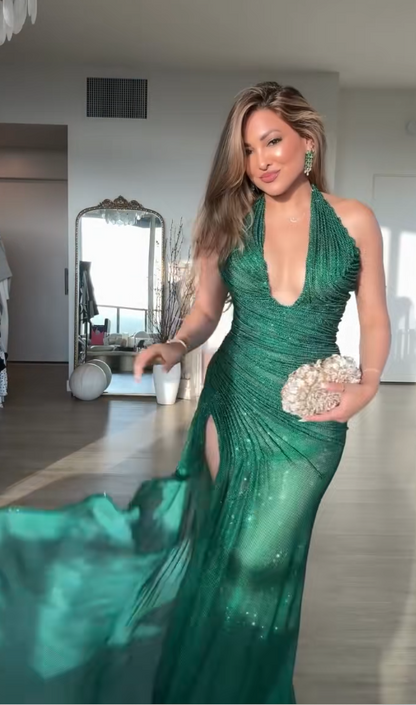 Glam V-neck Dark Green Prom Dress Sheath Tulle Long Evening Dress DP07963