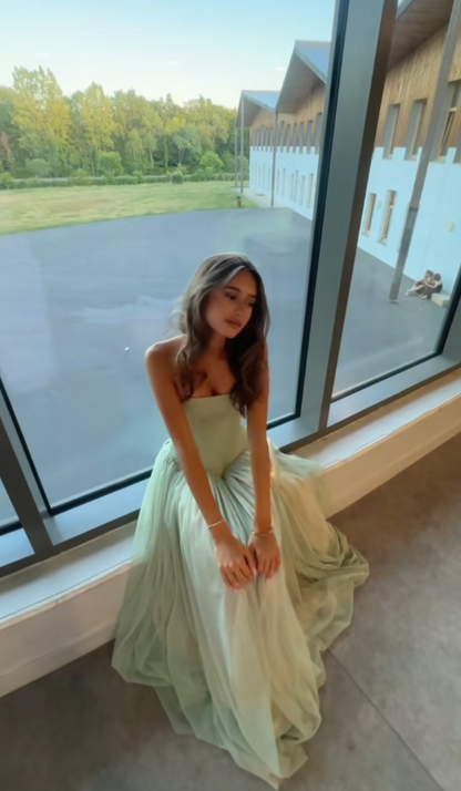 Robe de bal glamour vert sans bretelles, robe de soirée longue en mousseline trapèze DP07964