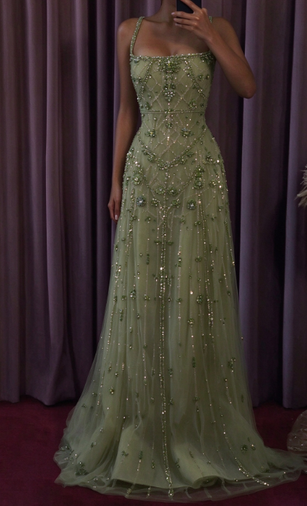 Cute Green Prom Dress Sheath Chiffon Beaded Long Evening Dress DP07971
