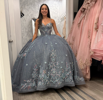 Cute Dusty Blue Sweet 16 Dress Ball Gown Tulle Quicneanera Dress Beaded Birthday Dress DP07975