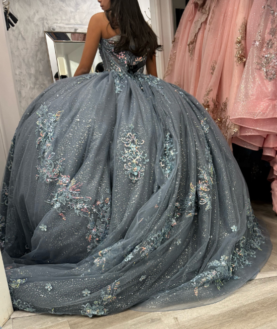 Cute Dusty Blue Sweet 16 Dress Ball Gown Tulle Quicneanera Dress Beaded Birthday Dress DP07975