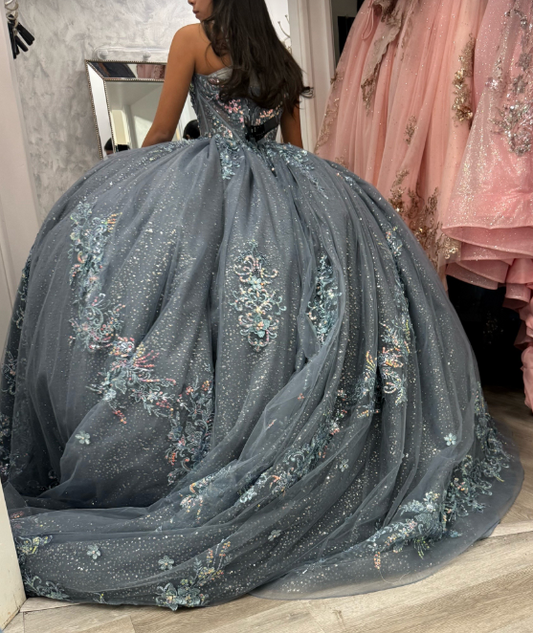 Cute Dusty Blue Sweet 16 Dress Ball Gown Tulle Quicneanera Dress Beaded Birthday Dress DP07975