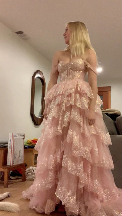Cute A-Line Tulle Sweet 16 Dress Sequins Pink Prom Dress DP07979