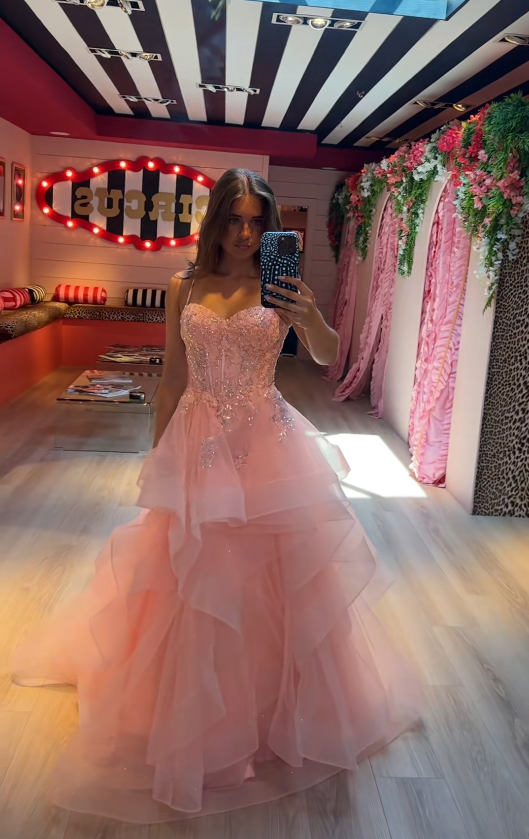 Cute A-line Sweet 16 Dress Tulle Long Evening Dress Pink Prom Dress DP07982