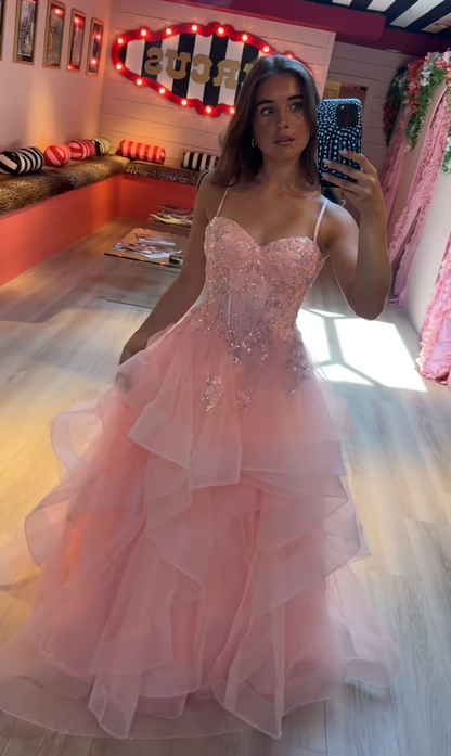Cute A-line Sweet 16 Dress Tulle Long Evening Dress Pink Prom Dress DP07982