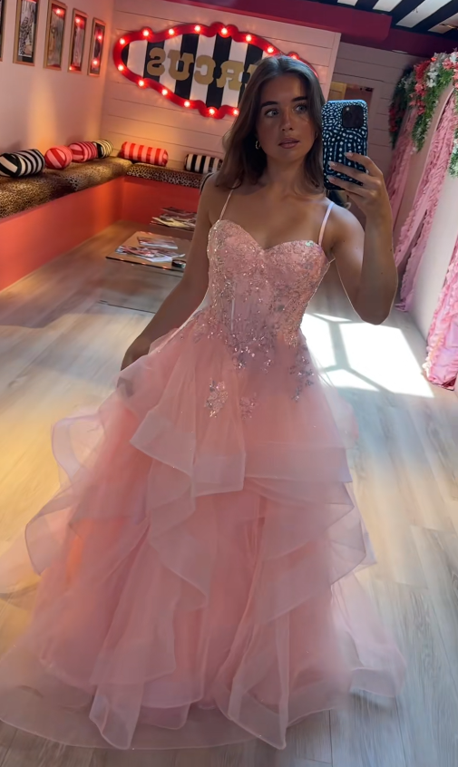 Cute A-line Sweet 16 Dress Tulle Long Evening Dress Pink Prom Dress DP07982