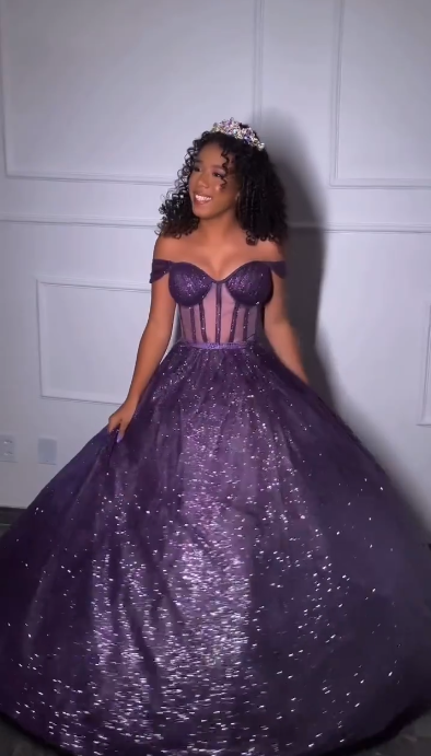 Gorgeous A-Line Long Evening Dress Giltter Tulle Sweet 16 Dress Deep Purple Prom Dress DP07984