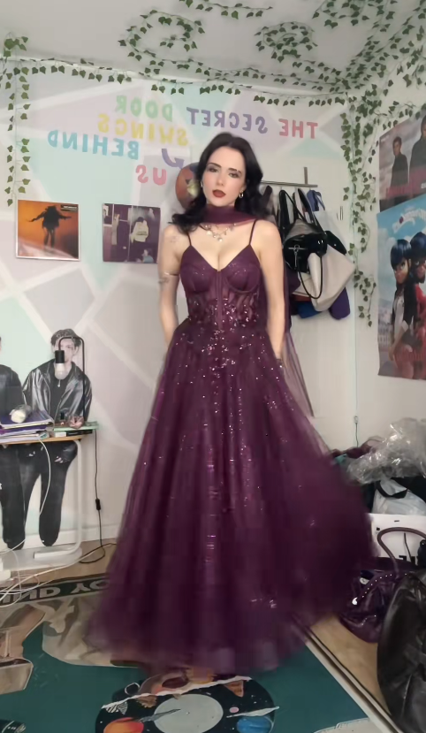 Gorgeous A-Line Long Evening Dress Giltter Tulle Sweet 16 Dress Grape Prom Dress DP07985