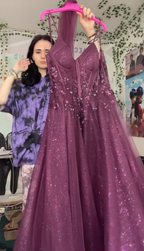 Magnifique robe de soirée longue trapèze en tulle scintillant, robe de 16 ans, robe de bal prune DP07985