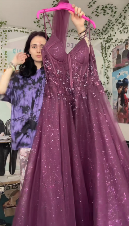 Magnifique robe de soirée longue trapèze en tulle scintillant, robe de 16 ans, robe de bal prune DP07985