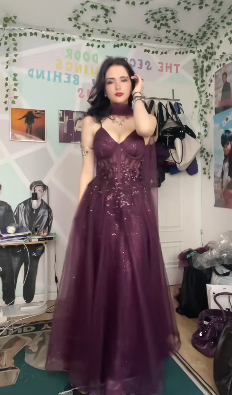 Magnifique robe de soirée longue trapèze en tulle scintillant, robe de 16 ans, robe de bal prune DP07985