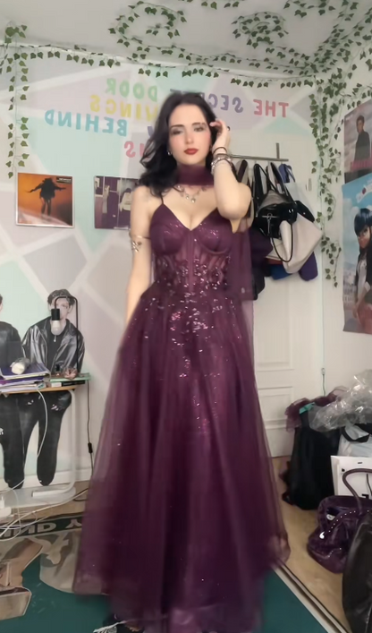 Magnifique robe de soirée longue trapèze en tulle scintillant, robe de 16 ans, robe de bal prune DP07985