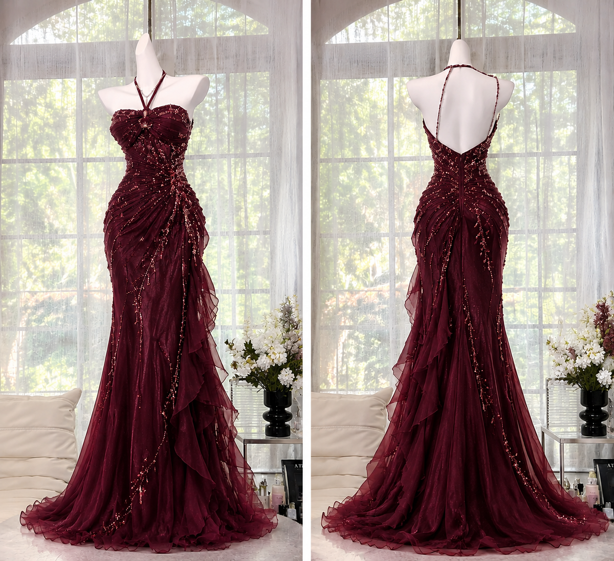 Elegant Sheath Beaded Chiffon Long Evening Dress BurgundyProm Dress  DP07994