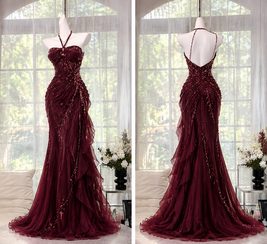Elegant Sheath Beaded Chiffon Long Evening Dress BurgundyProm Dress  DP07994