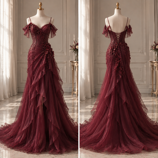 Elegant Sheath Beaded Chiffon Long Evening Dress BurgundyProm Dress DP07995