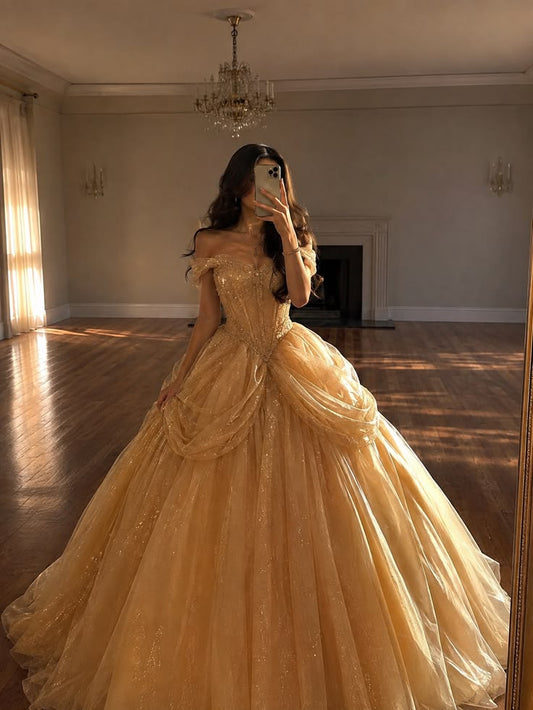 Elegant Sweet 16 Dress A-Line Tulle Long Evening Dress Gold Prom Dress DP07997