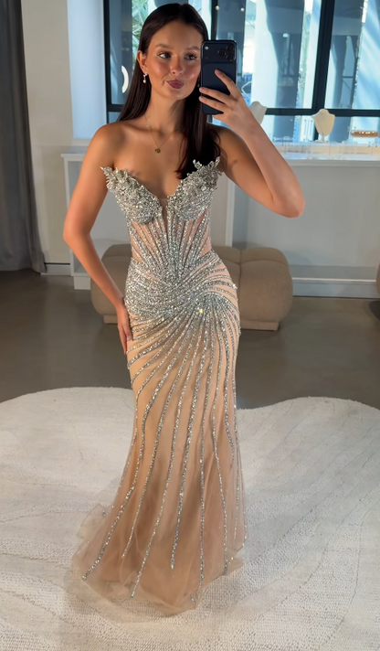 Elegantes langes Abendkleid aus Tüll mit Perlenbesatz, champagnerfarbenes Ballkleid DP08000