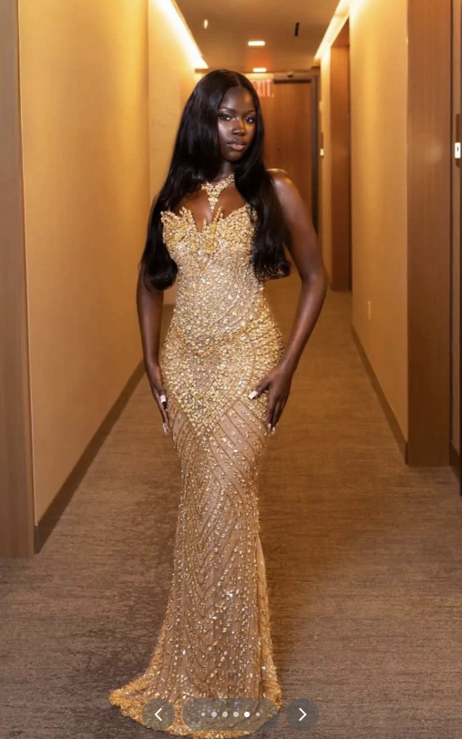 Elegant Sheath Beaded Tulle Long Evening Dress Gold Prom Dress DP08003