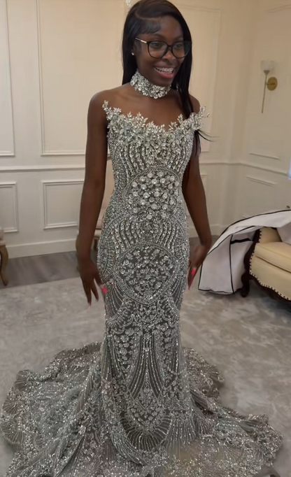 Élégante robe de soirée longue fourreau en tulle perlé argenté DP08004
