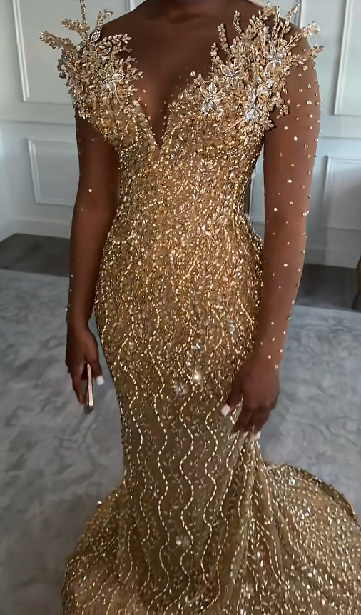 Elegant Sheath Beaded Tulle Long Evening Dress Gold Prom Dress DP08004