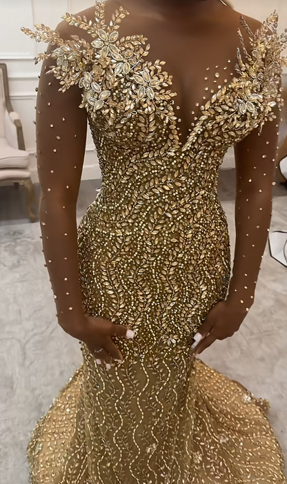 Elegant Sheath Beaded Tulle Long Evening Dress Gold Prom Dress DP08004