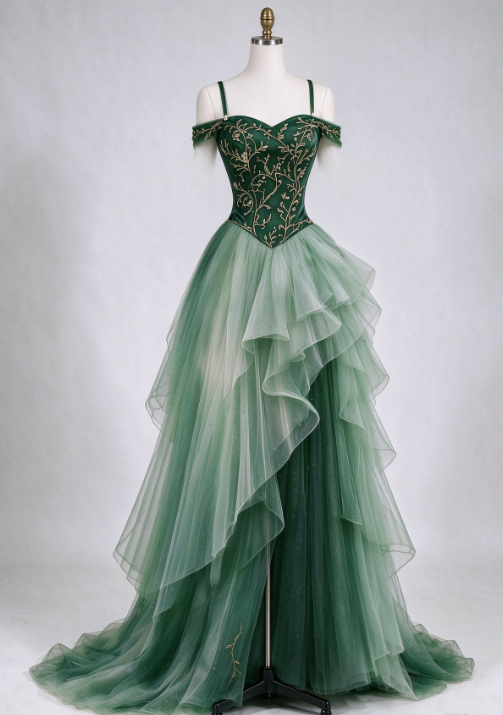 Fairy Straps A-Line Tulle Long Evening Dress Green Prom Dress DP08006