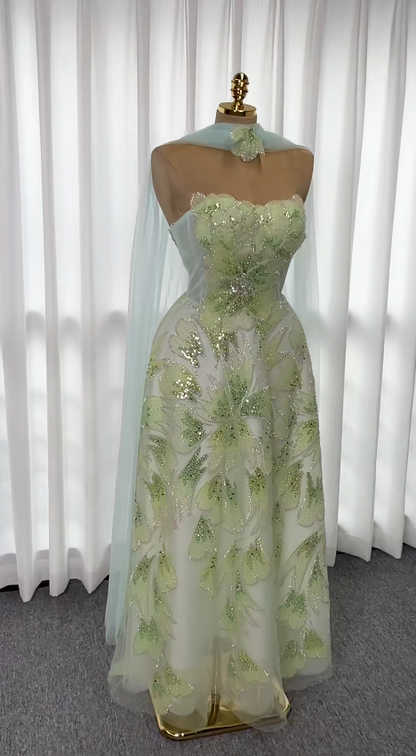 Fairy Strapless A-Line Tulle Long Evening Dress Green Prom Dress DP08007