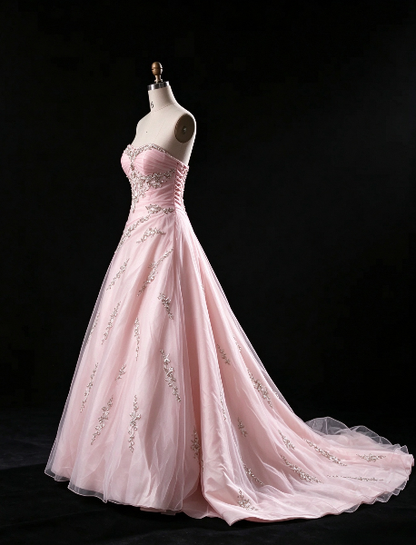 Chic Strapless A-Line Tulle Long Evening Dress Pink Prom Dress DP08014