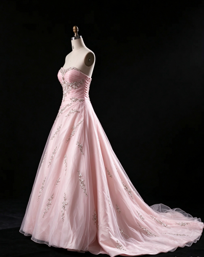 Chic Strapless A-Line Tulle Long Evening Dress Pink Prom Dress DP08014