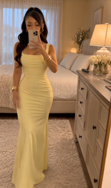 Robe de soirée longue fourreau en satin à bretelles chics, robe de bal jaune DP08017