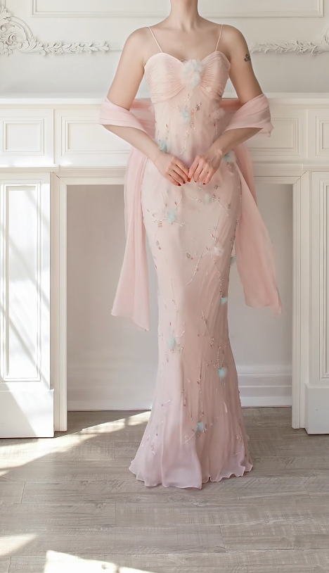 Chic Straps Sheath Chiffon Beaded Long Evening Dress Pink Prom Dress DP08020