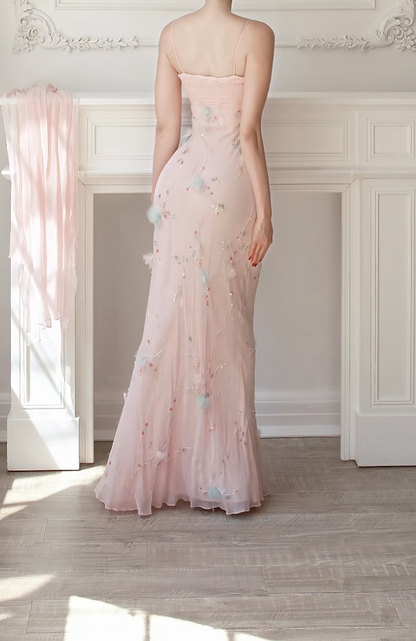 Chic Straps Sheath Chiffon Beaded Long Evening Dress Pink Prom Dress DP08020