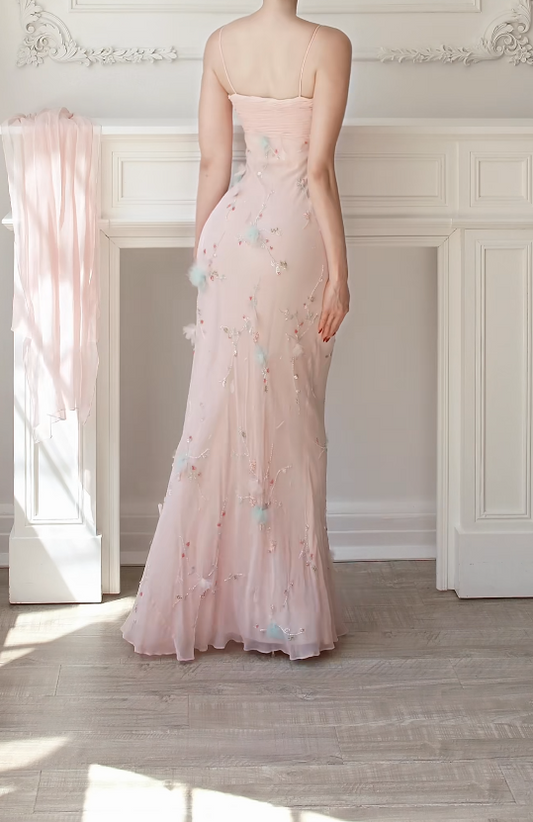 Chic Straps Sheath Chiffon Beaded Long Evening Dress Pink Prom Dress DP08020
